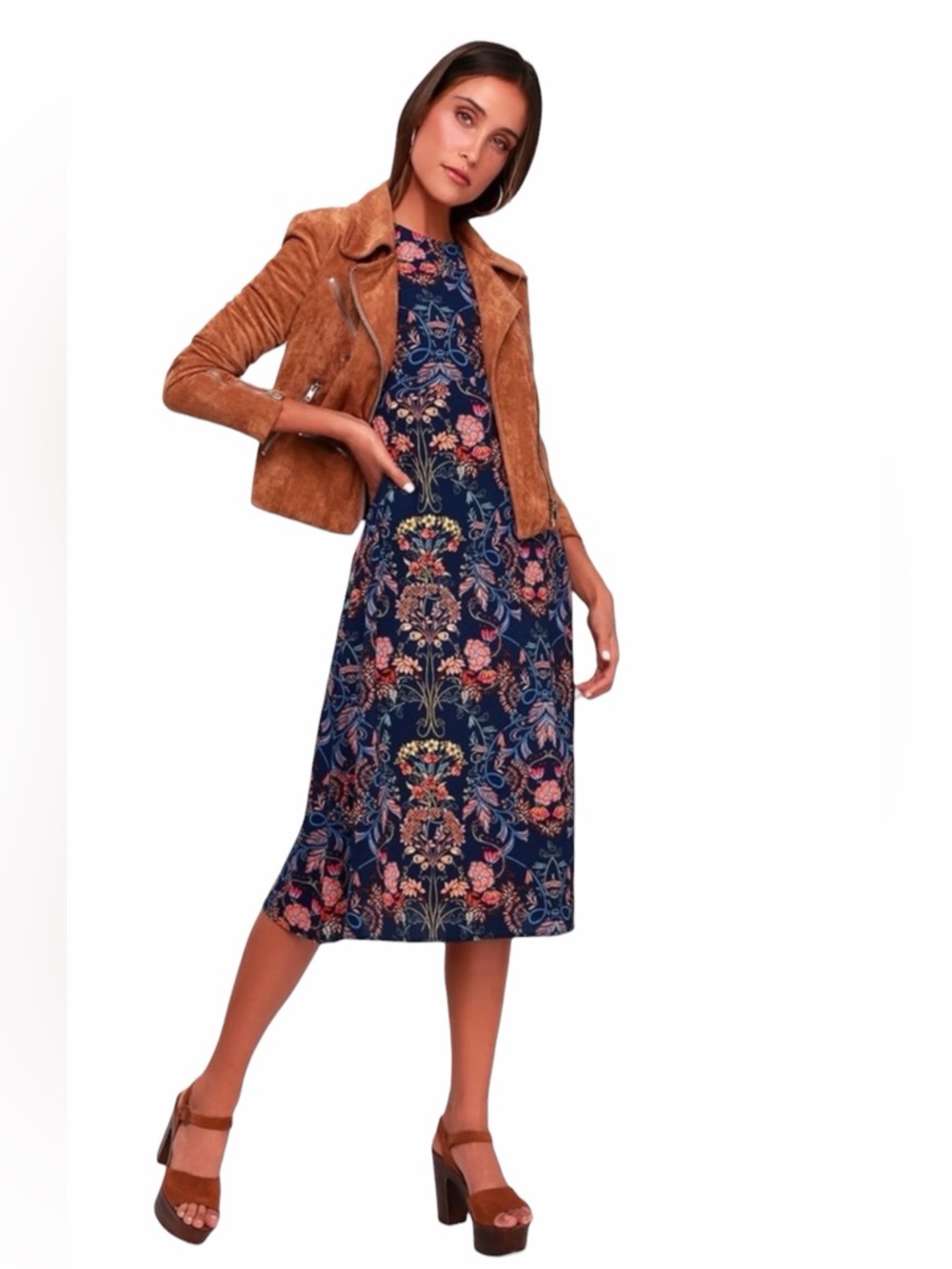 Lulus Navy Floral Midi Dress Long Sleeve Fit & Flare Boho Romantic